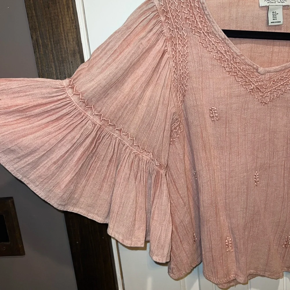 Rachel Zoe Rose-Pink Embroidered V-Neck Peasant Blouse - Picture 2 of 4